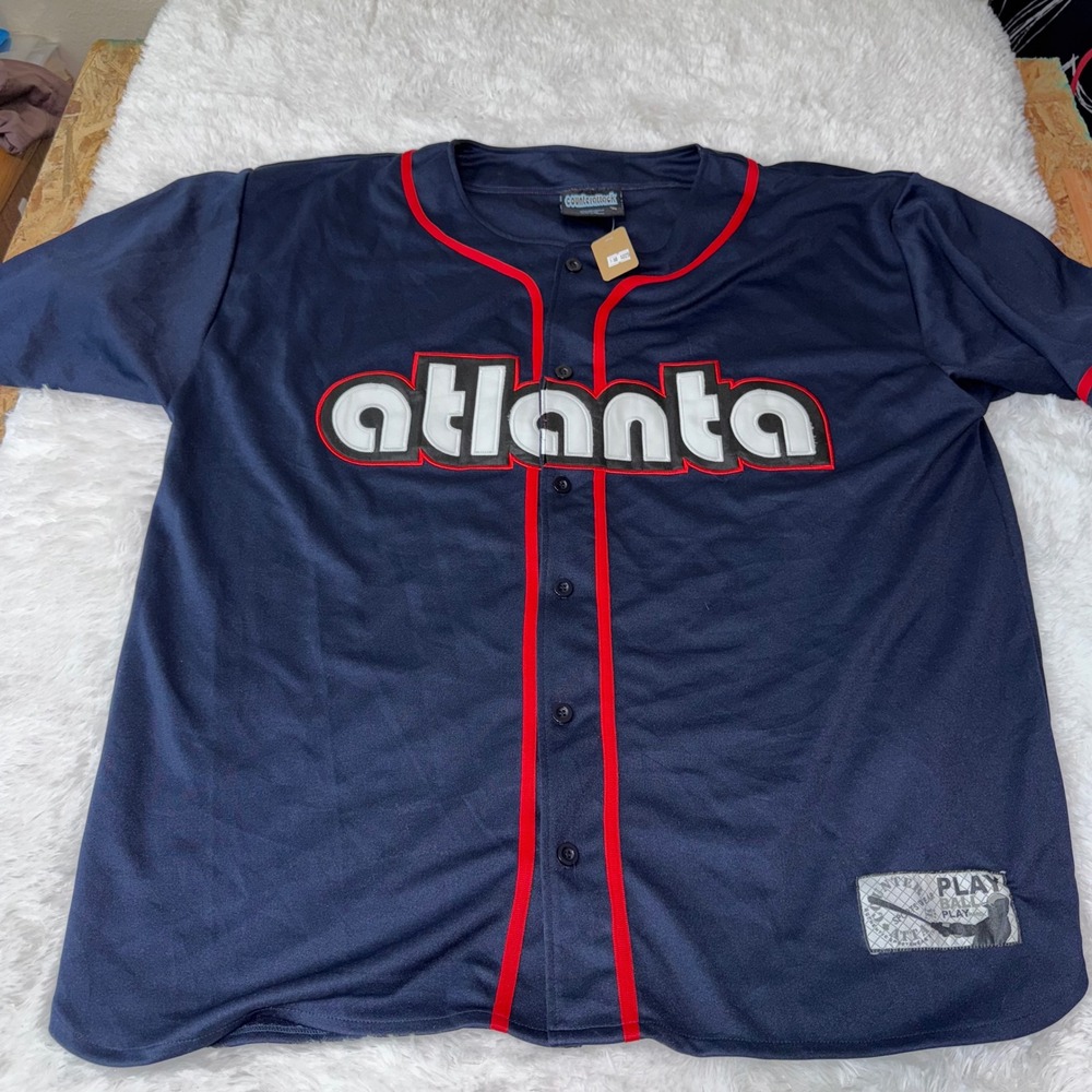 Counterattack Atlanta Baseball Jersey‎ Men's 2XL Navy Red Button Up Sports Wear